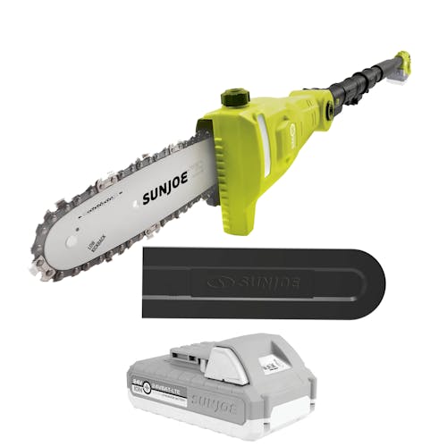 Sun Joe 24-volt cordless telescoping pole 8-inch chainsaw with a 2.0-Ah lithium-ion battery and blade cover.