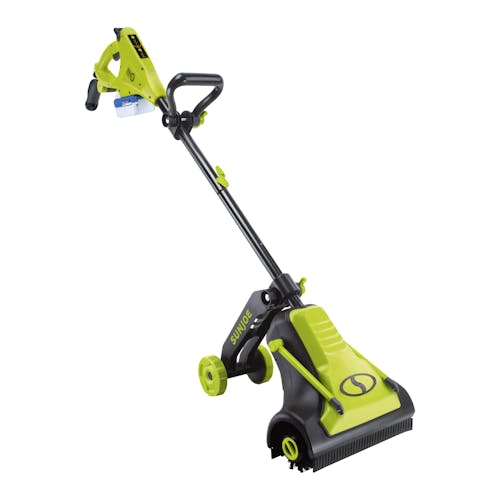 Angled view of the Sun Joe 24-volt cordless Cordless Surface & Patio Cleaner Kit with a 4.0-Ah lithium-ion battery attached.
