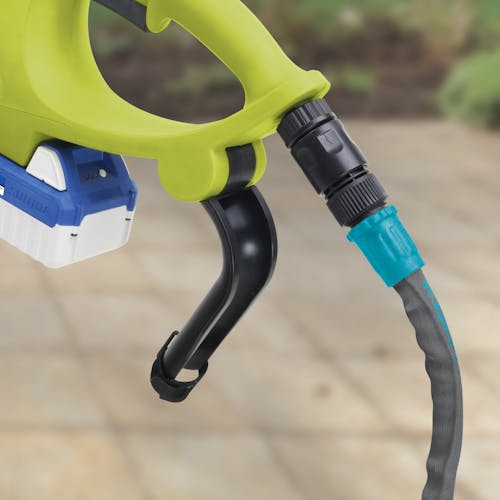 Close-up of the handle on the Sun Joe 24-volt cordless Cordless Surface & Patio Cleaner Kit showing the hose connection.