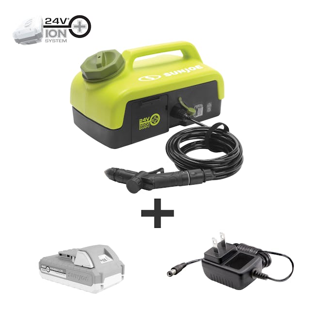 Sun Joe 24-volt cordless portable shower spray washer with a 2.0-Ah lithium-ion battery and charger.