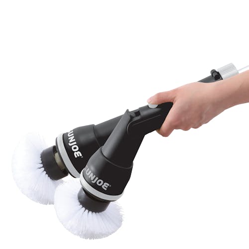 Sun Joe 24-volt Cordless Heavy-Duty Indoor/Outdoor Black Power Scrubber with motion blur showing the adjustable head.