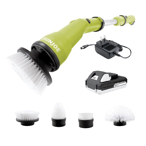 Sun Joe 24-volt Cordless Heavy-Duty Indoor/Outdoor Power Scrubber with a 1.3-Ah lithium-ion battery, charger, and 4 brush attachments.