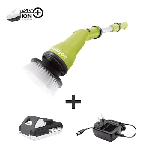 Sun Joe 24-volt Cordless Heavy-Duty Indoor/Outdoor Power Scrubber with a 1.3-Ah lithium-ion battery and charger.