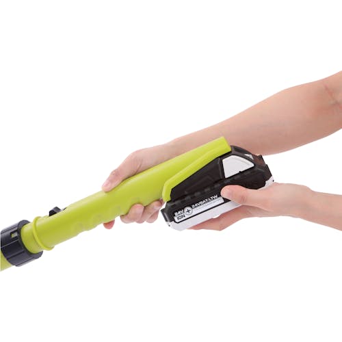 Person putting a 1.3-Ah lithium-ion battery onto the Sun Joe 24-volt Cordless Heavy-Duty Indoor/Outdoor Power Scrubber.