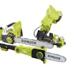 Bundle of Sun Joe cordless 16-chainsaw, chainsaw sharpener, and 8-inch pole chainsaw.