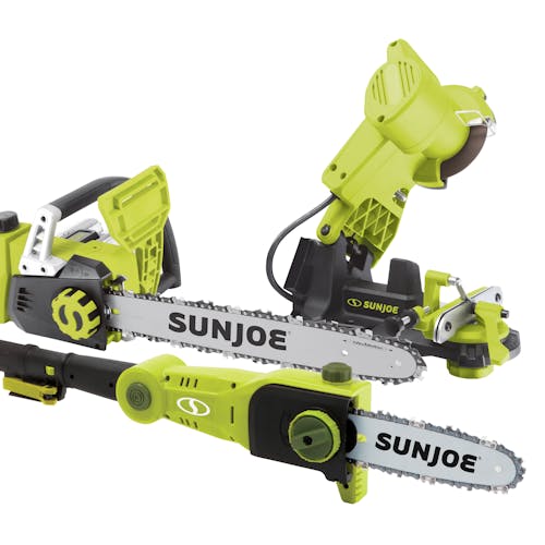 Bundle of Sun Joe cordless 16-chainsaw, chainsaw sharpener, and 8-inch pole chainsaw.