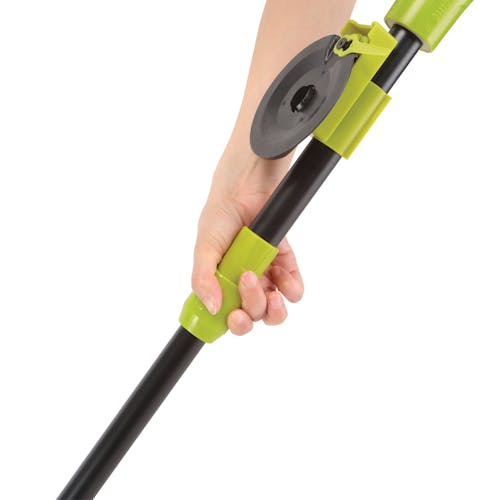 Person adjusting the length of the Sun Joe 24-Volt Cordless 10-inch Stringless Grass Trimmer.
