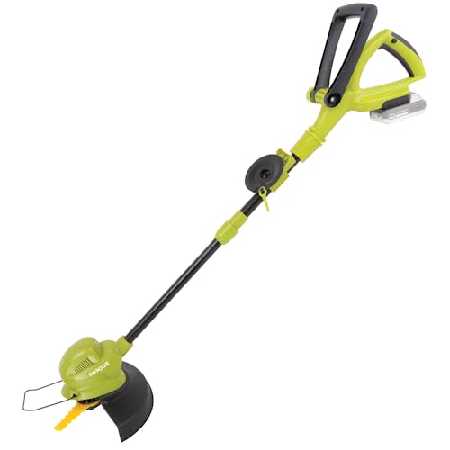 Side view of the Sun Joe 24-Volt Cordless 10-inch Stringless Grass Trimmer with a 2.0-Ah lithium-ion battery.