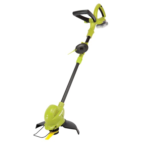 Angled view of the Sun Joe 24-Volt Cordless 10-inch Stringless Grass Trimmer with a 2.0-Ah lithium-ion battery.