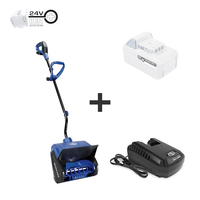 Snow Joe 24-volt cordless 13-inch snow shovel kit plus a 5.0-Ah lithium-ion battery and quick charger.