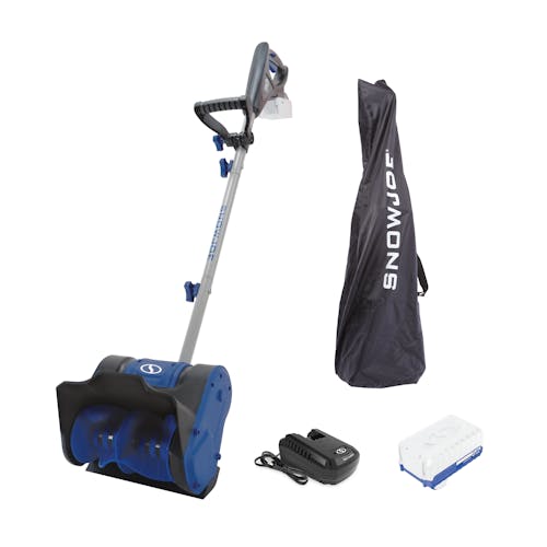 Snow Joe 24-volt cordless 10-inch snow shovel kit with a 4.0-Ah lithium-ion battery, quick charger, cover, and cover storage bag.