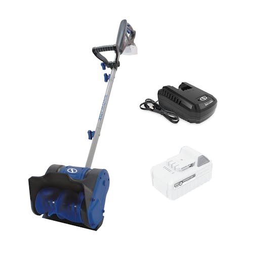 Snow Joe 24-volt cordless 10-inch snow shovel kit with a 5.0-Ah lithium-ion battery and quick charger.
