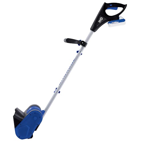Side view of the Snow Joe 24-volt cordless 10-inch snow shovel kit with a 4.0-Ah lithium-ion battery attached.