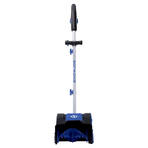 Front view of the Snow Joe 24-volt cordless 10-inch snow shovel kit with a 5.0-Ah lithium-ion battery attached.
