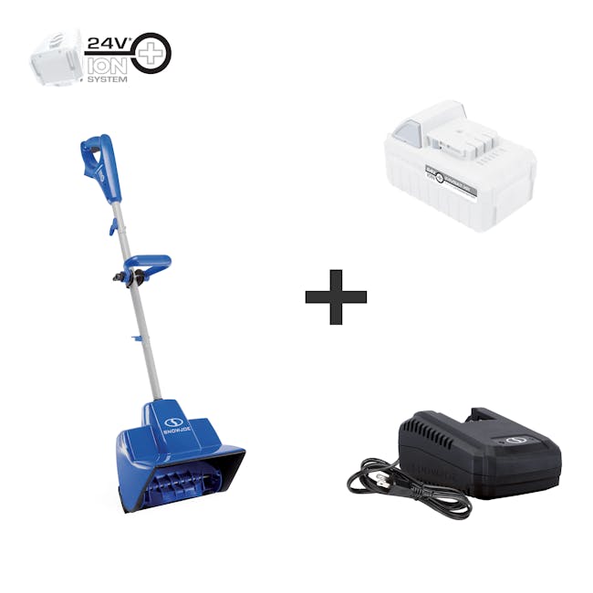 Snow Joe 24-volt cordless 11-inch snow shovel kit plus a 5.0-Ah lithium-ion battery and quick charger.
