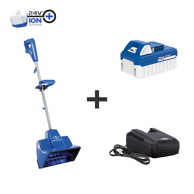 Snow Joe 24-Volt cordless 11-inch snow shovel kit plus a 4.0-Ah lithium-ion battery and quick charger.
