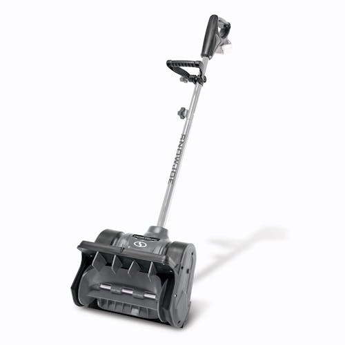 Snow Joe 24-volt cordless 12-inch snow shovel kit in gray with a 5.0-Ah lithium-ion battery attached.