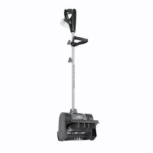 Front view of the Snow Joe 24-volt cordless 12-inch snow shovel kit in gray with a 5.0-Ah lithium-ion battery attached.