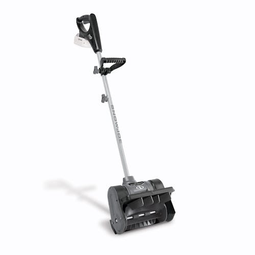 Angled view of the Snow Joe 24-volt cordless 12-inch snow shovel kit in gray with a 5.0-Ah lithium-ion battery attached.