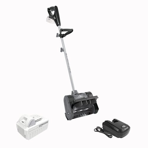 Snow Joe 24-volt cordless 12-inch snow shovel kit in gray with a 5.0-Ah lithium-ion battery and quick charger.