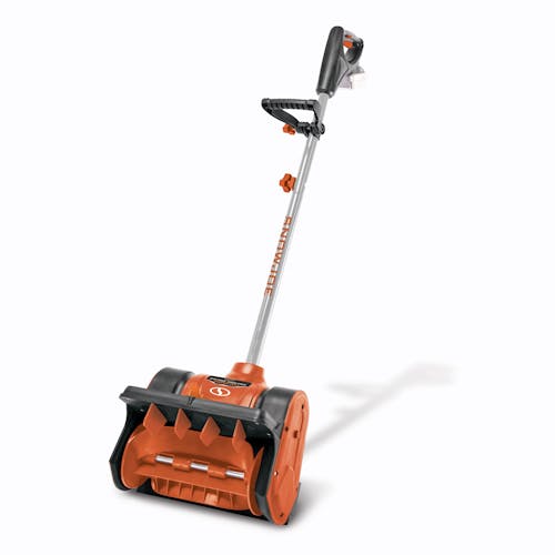 Snow Joe 24-volt cordless 12-inch snow shovel kit in orange with a 5.0-Ah lithium-ion battery attached.