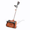 Snow Joe 24-volt cordless 12-inch snow shovel kit in orange with a 5.0-Ah lithium-ion battery attached.