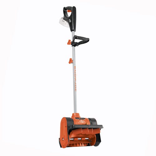 Front view of the Snow Joe 24-volt cordless 12-inch snow shovel kit in orange with a 5.0-Ah lithium-ion battery attached.