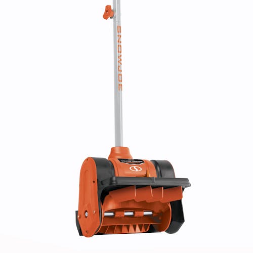 Close-up of the shovel head on the Snow Joe 24-volt cordless 12-inch snow shovel kit in orange.