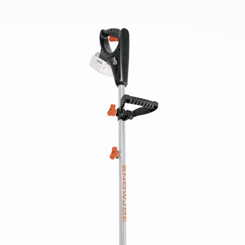 Pole and handle for the Snow Joe 24-volt cordless 12-inch snow shovel kit in orange with a 5.0-Ah lithium-ion battery attached.