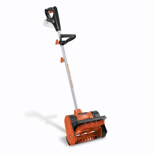Angled view of the Snow Joe 24-volt cordless 12-inch snow shovel kit in orange with a 5.0-Ah lithium-ion battery attached.