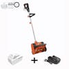 Snow Joe 24-volt cordless 12-inch snow shovel kit in orange plus a 5.0-Ah lithium-ion battery and quick charger.