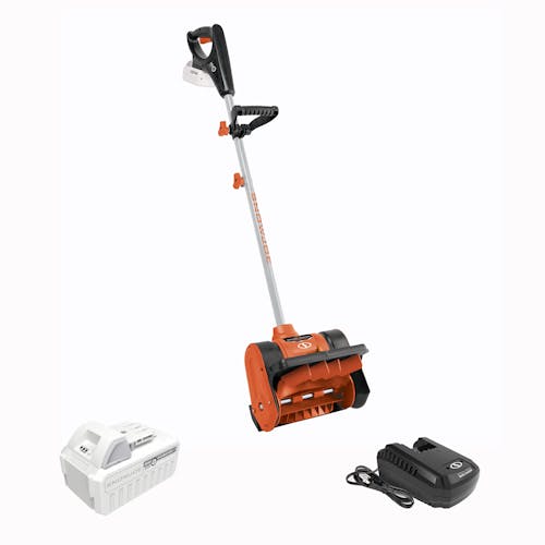Snow Joe 24-volt cordless 12-inch snow shovel kit in orange with a 5.0-Ah lithium-ion battery and quick charger.