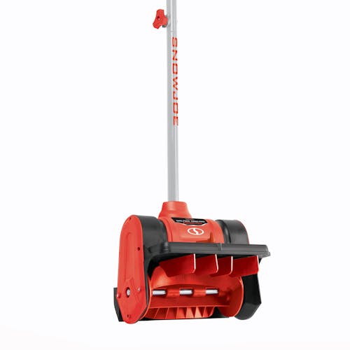 Close-up of the shovel head on the Snow Joe 24-volt cordless 12-inch snow shovel kit in red.
