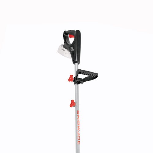 Pole and handle for the Snow Joe 24-volt cordless 12-inch snow shovel kit in red with a 5.0-Ah lithium-ion battery attached.