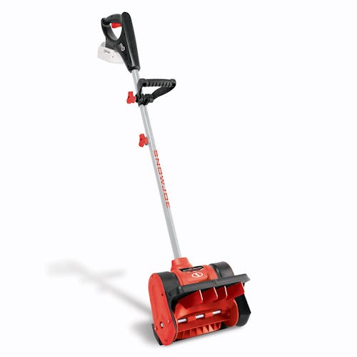Snow Joe 24-volt cordless 12-inch snow shovel kit in red with a 5.0-Ah lithium-ion battery attached.