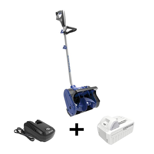 Snow Joe 24-volt cordless 12-inch snow shovel kit plus a 5.0-Ah lithium-ion battery and quick charger.