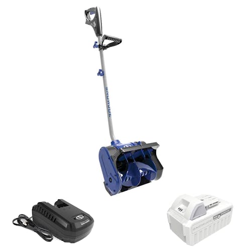 Snow Joe 24-volt cordless 12-inch snow shovel kit with a 5.0-Ah battery and quick charger.