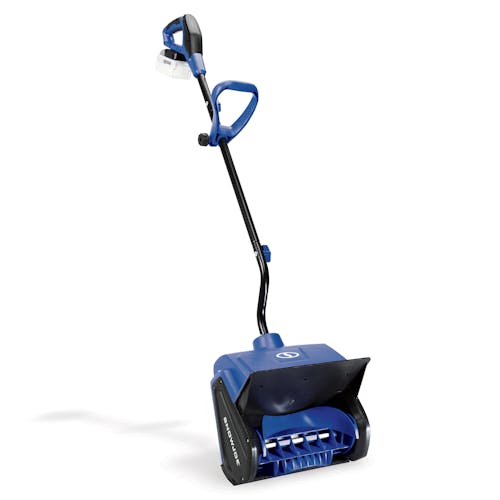 Angled view of the Snow Joe 24-volt cordless 13-inch snow shovel kit with a 5.0-Ah lithium-ion battery attached.