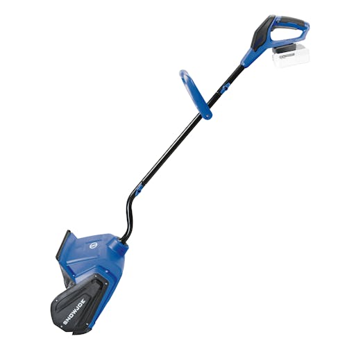 Side view of the Snow Joe 24-volt cordless 13-inch snow shovel kit with a 5.0-Ah lithium-ion battery attached.