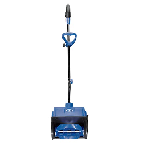 Front view of the Snow Joe 24-volt cordless 13-inch snow shovel kit with a 5.0-Ah lithium-ion battery attached.
