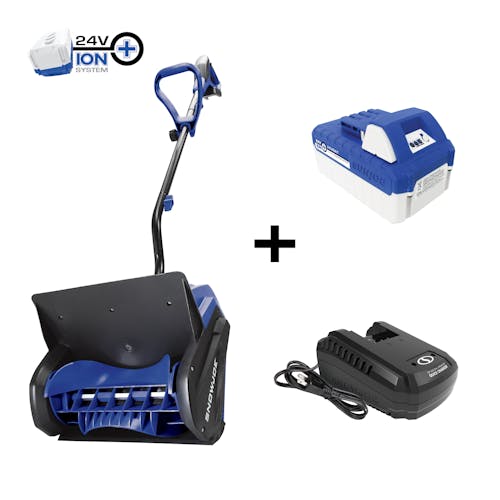 Snow Joe 24-volt cordless 13-inch snow shovel kit plus a 4.0-Ah lithium-ion battery and quick charger.