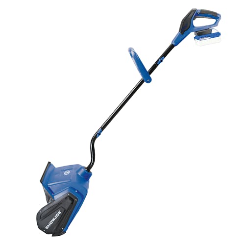 Side view of te Snow Joe 24-volt cordless 13-inch snow shovel kit with a 4.0-Ah lithium-ion battery attached.