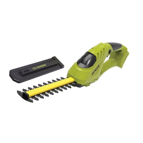 Sun Joe 24-volt Cordless handheld shrubber and trimmer with blade cover.
