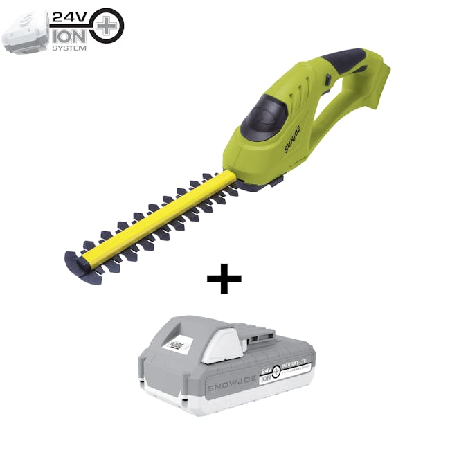 Sun Joe 24-volt Cordless handheld shrubber and trimmer plus a 2.0-Ah lithium-ion battery.