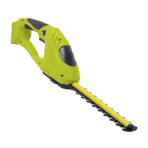 Angled view of the Sun Joe 24-volt Cordless handheld shrubber and trimmer.