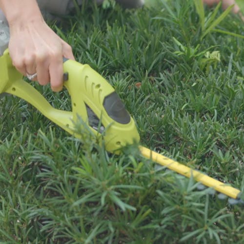 Person using the Sun Joe 24-volt Cordless handheld shrubber and trimmer to trim shrubbery,