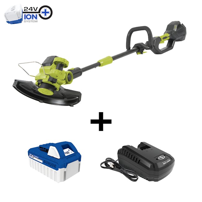 Sun Joe 24-volt cordless 12-inch String Grass Trimmer plus a 4.0-Ah lithium-ion battery and quick charger.