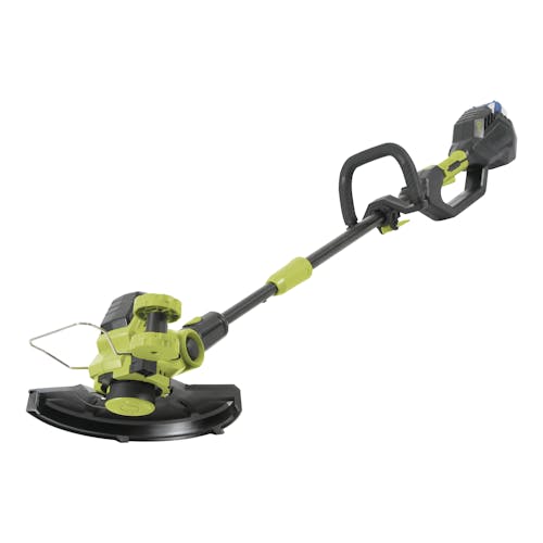Angled view of the Sun Joe 24-volt cordless 12-inch String Grass Trimmer with a 4.0-Ah lithium-ion battery attached.