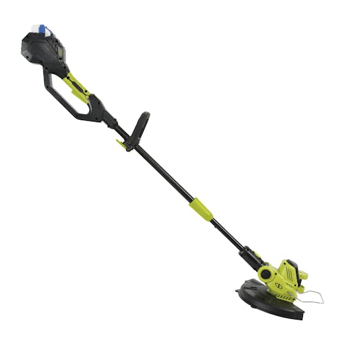 Side view of the Sun Joe 24-volt cordless 12-inch String Grass Trimmer with a 4.0-Ah lithium-ion battery attached.