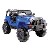 Angled view of the Snow Joe 24-Volt Ride On Kids Truck in a bright blue color.